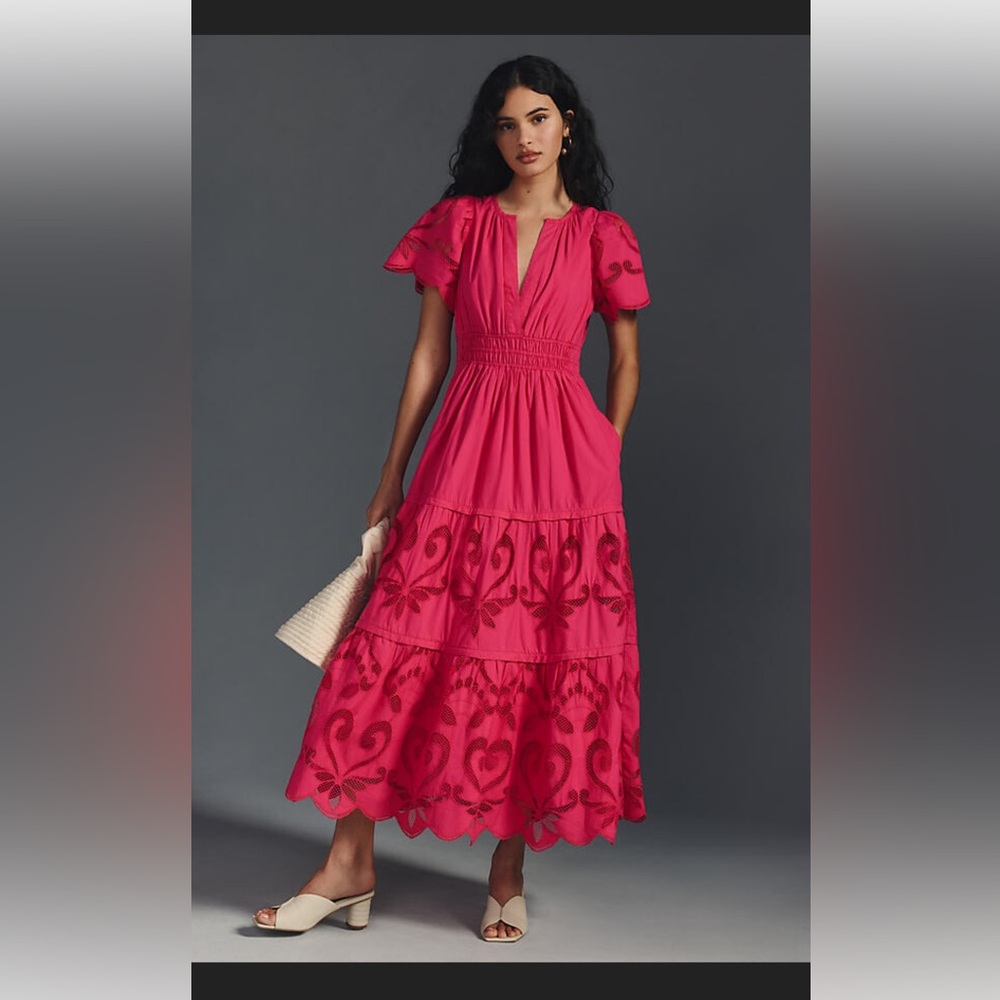 ANTHROPOLOGIE SOMERSET DRESS: CUTWORK EDITION, MAGENTA PINK | sz L | EUC